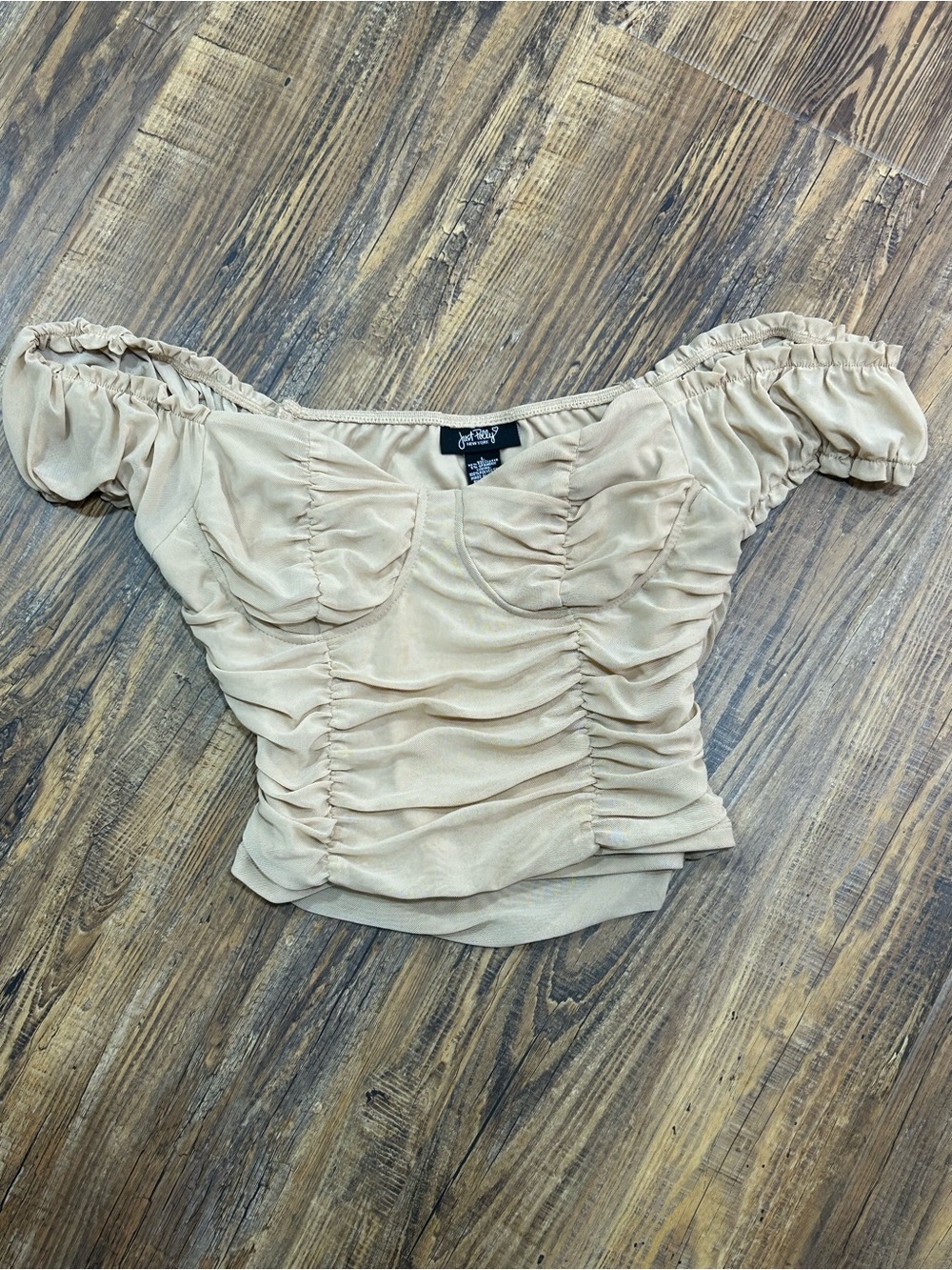 Ruched Off-Shoulder Crop Top in Neutral Beige